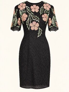 Vintage 80s Scala Hand Beaded Floral Art Deco Silk Cocktail Dress Size 6